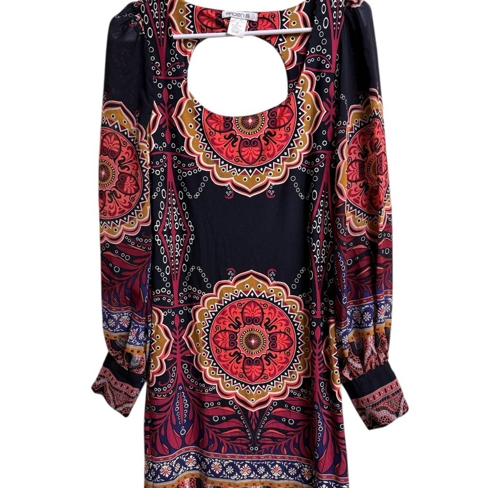 Arden B Mandala Print Mini Dress M Long Sleeve Sheer Cutout Back Y2K Style